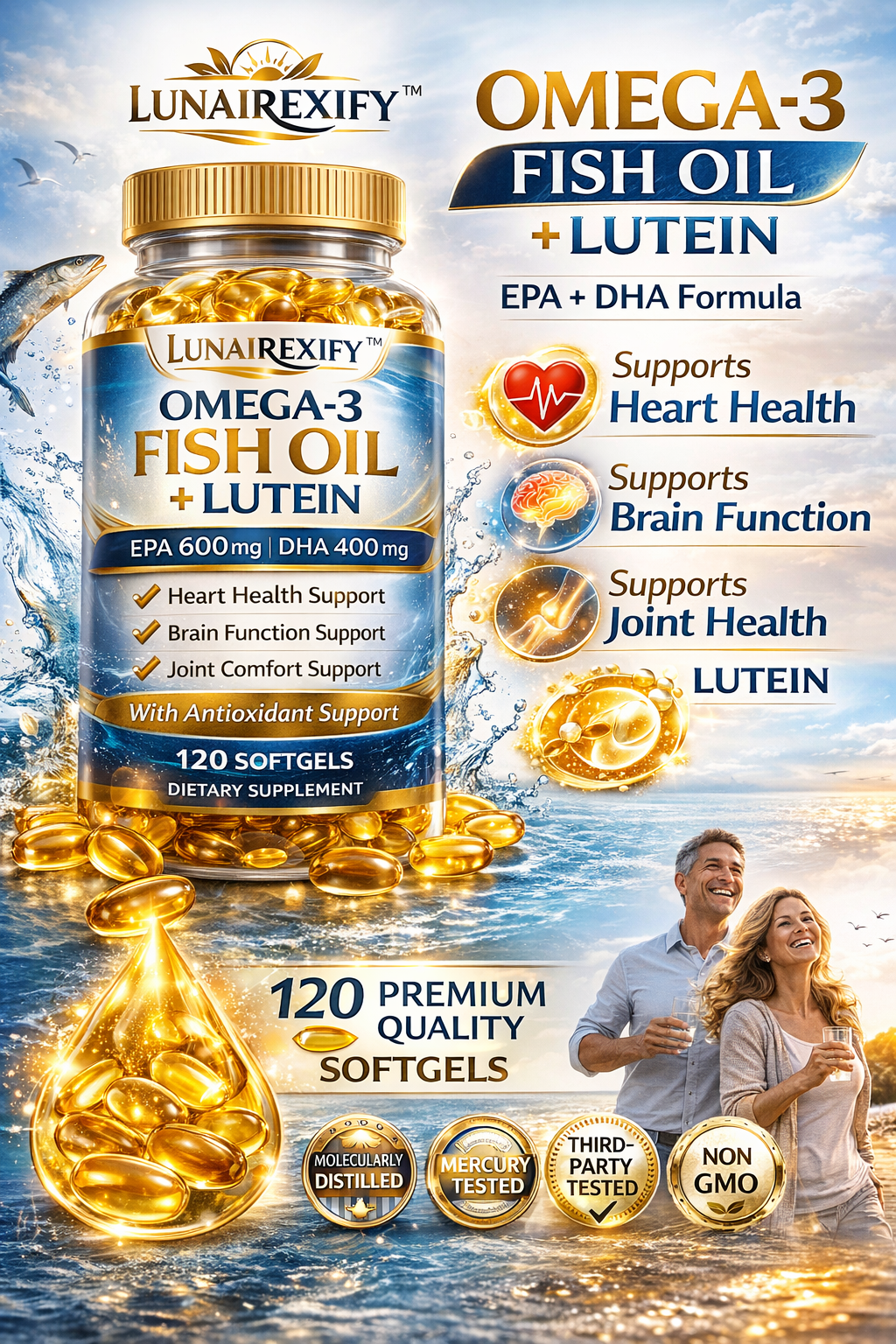 LUNAIREXIFY™ Omega-3 Fish Oil + Lutein – EPA & DHA Formula | Supports Heart, Brain & Joint Health | 120 Softgels