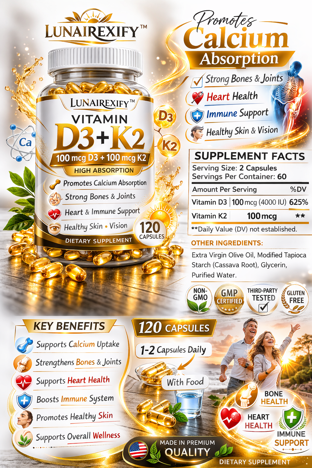 Vitamin D3 + K2 (MK-7) – 120 Capsules | Supports Calcium Absorption, Bone & Heart Health, Immune Support Formula