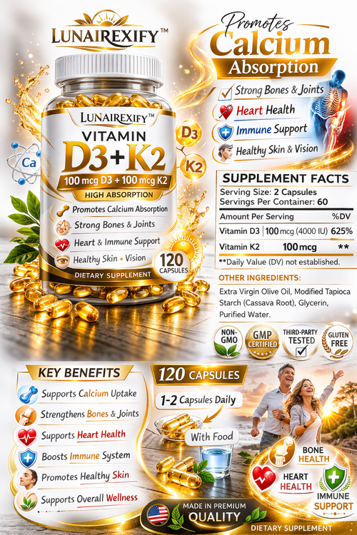 Vitamin D3 + K2 (MK-7) – 120 Capsules | Supports Calcium Absorption, Bone & Heart Health, Immune Support Formula