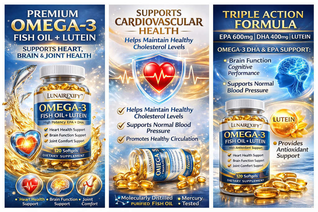 LUNAIREXIFY™ Omega-3 Fish Oil + Lutein – EPA & DHA Formula | Supports Heart, Brain & Joint Health | 120 Softgels