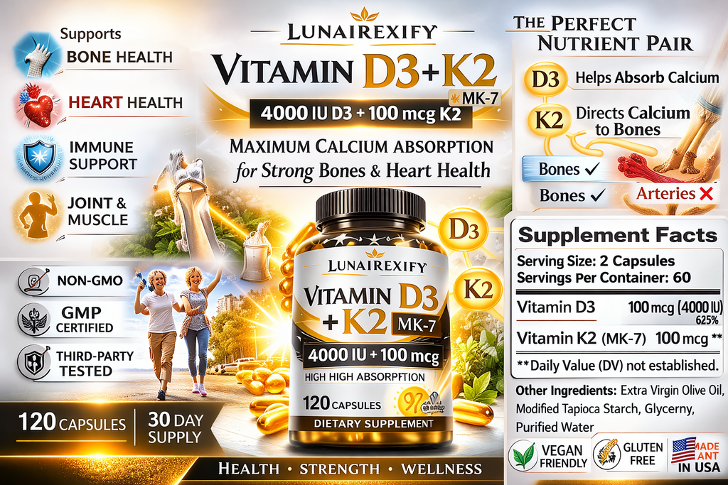 Vitamin D3 + K2 (MK-7) – 120 Capsules | Supports Calcium Absorption, Bone & Heart Health, Immune Support Formula