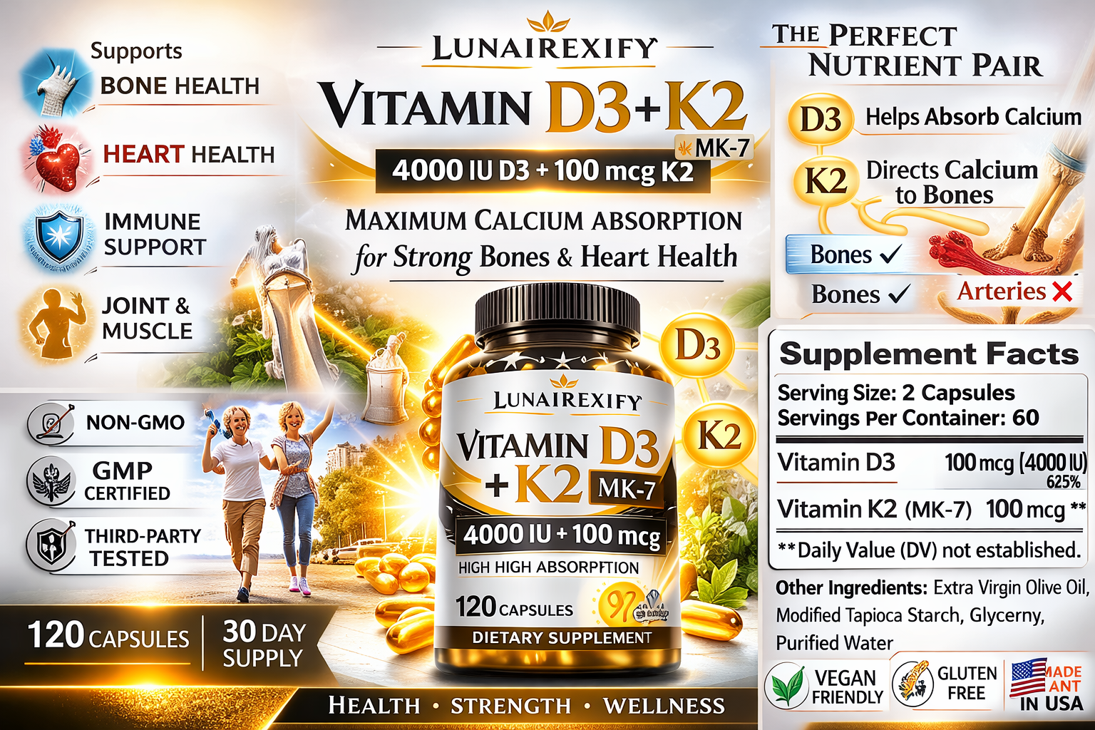 Vitamin D3 + K2 (MK-7) – 120 Capsules | Supports Calcium Absorption, Bone & Heart Health, Immune Support Formula
