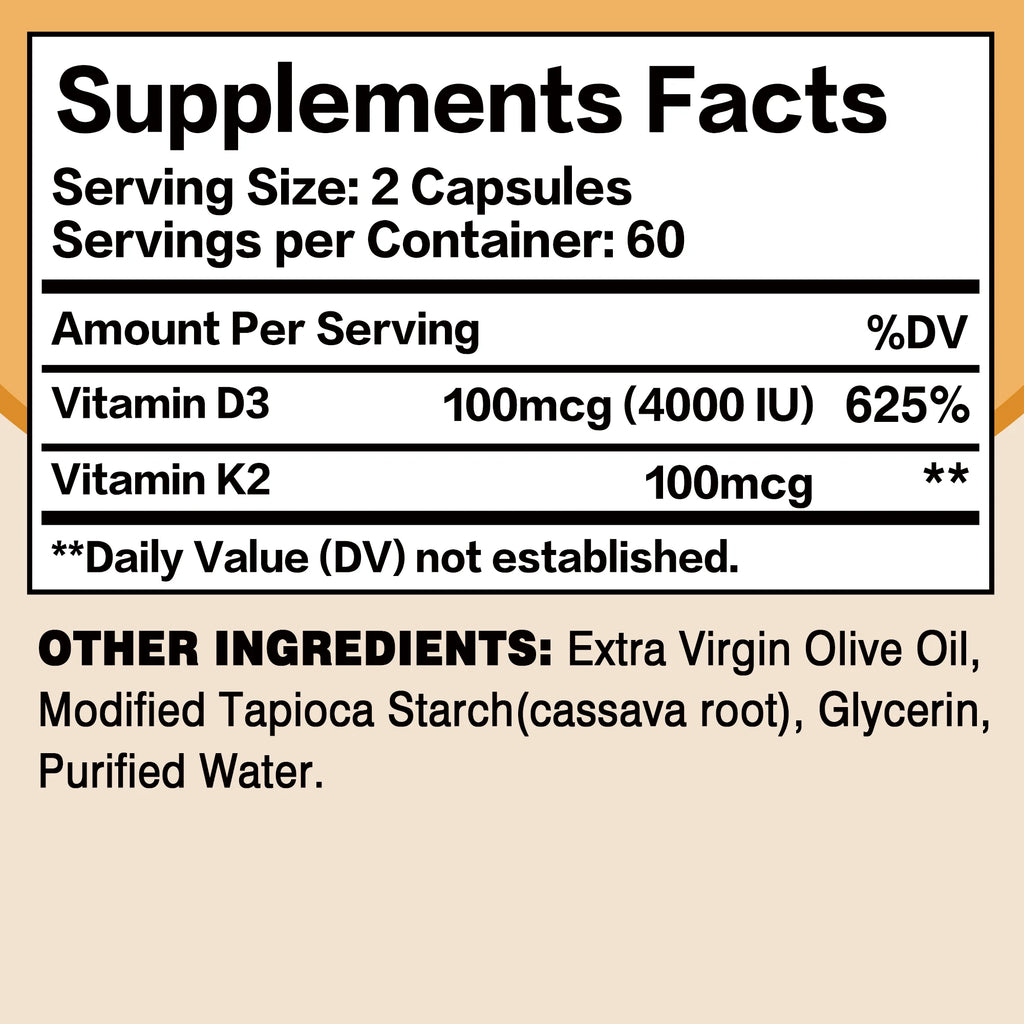 Vitamin D3 + K2 (MK-7) – 120 Capsules | Supports Calcium Absorption, Bone & Heart Health, Immune Support Formula
